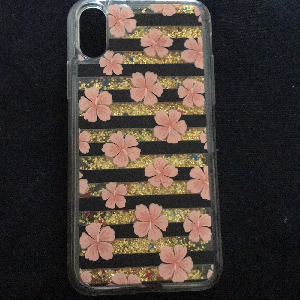 pink flowers & flowing gold glitter iPhone X case